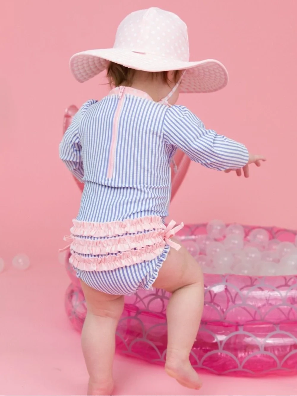 Ruffle Butts Girls Blue & White Striped One-Piece Rash Guard Swimsuit Pink Trim